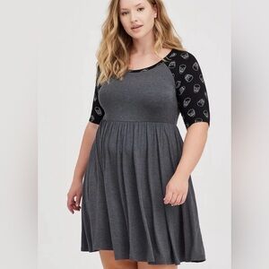 Torrid Skull Sleeve Skater Grey Baseball Elastic Waist Mini Dress Sz Women’s 1X